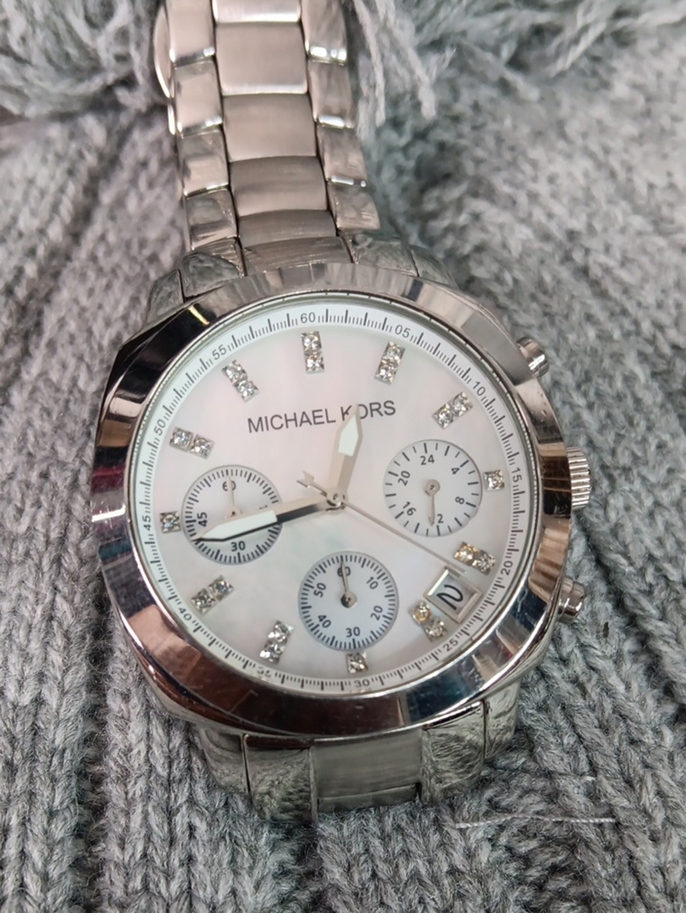 MK Silver Tone Pearl Face Large Chunky Band Watch